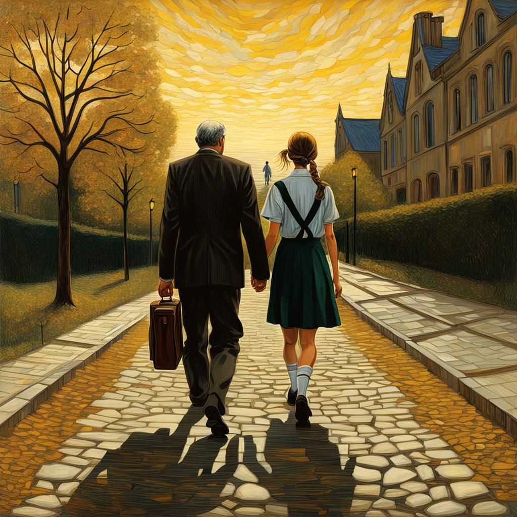 a girl in a school uniform, walking hand in hand with her fa...