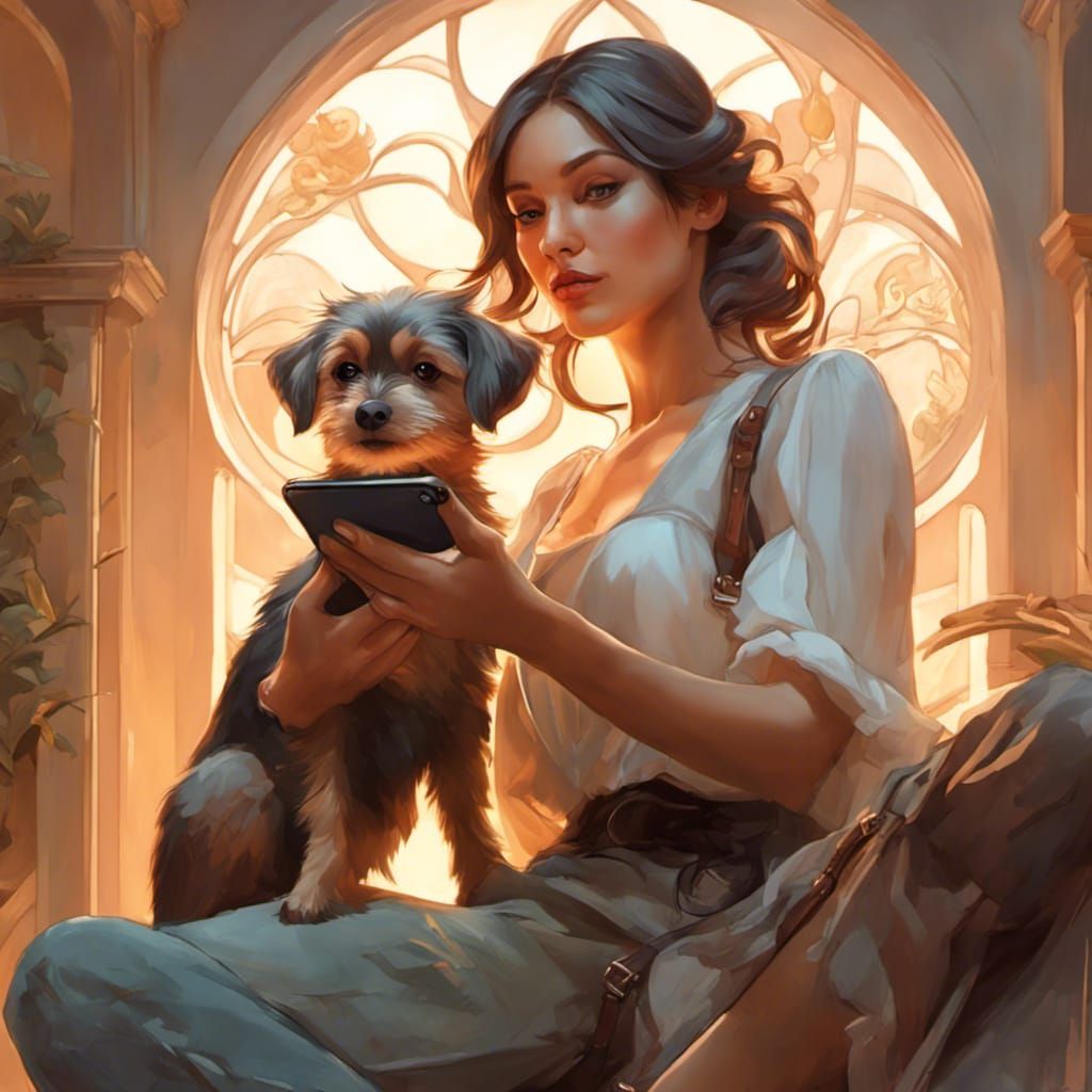 Beautiful woman kneeling down Taking a selfie with her small...