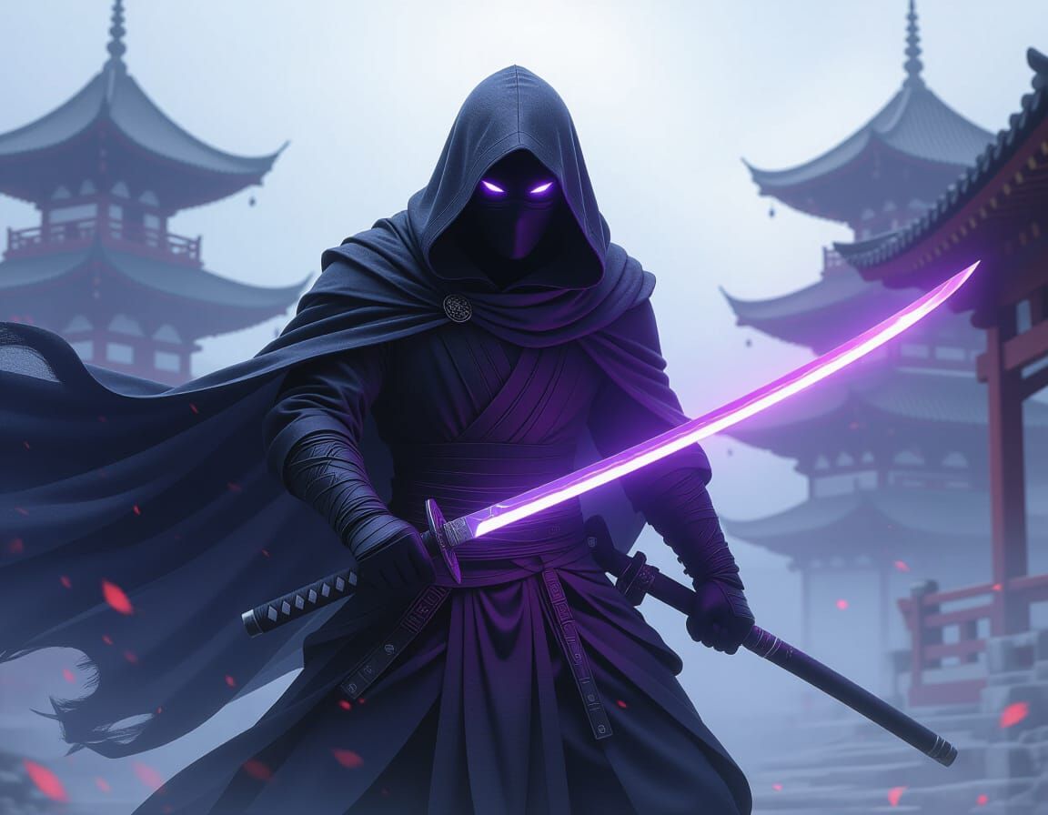 Hooded Ninja Warrior Defends Temple with Astral Katana