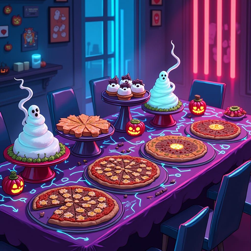 Halloween Party Table in Synthwave Neon Retro Style
