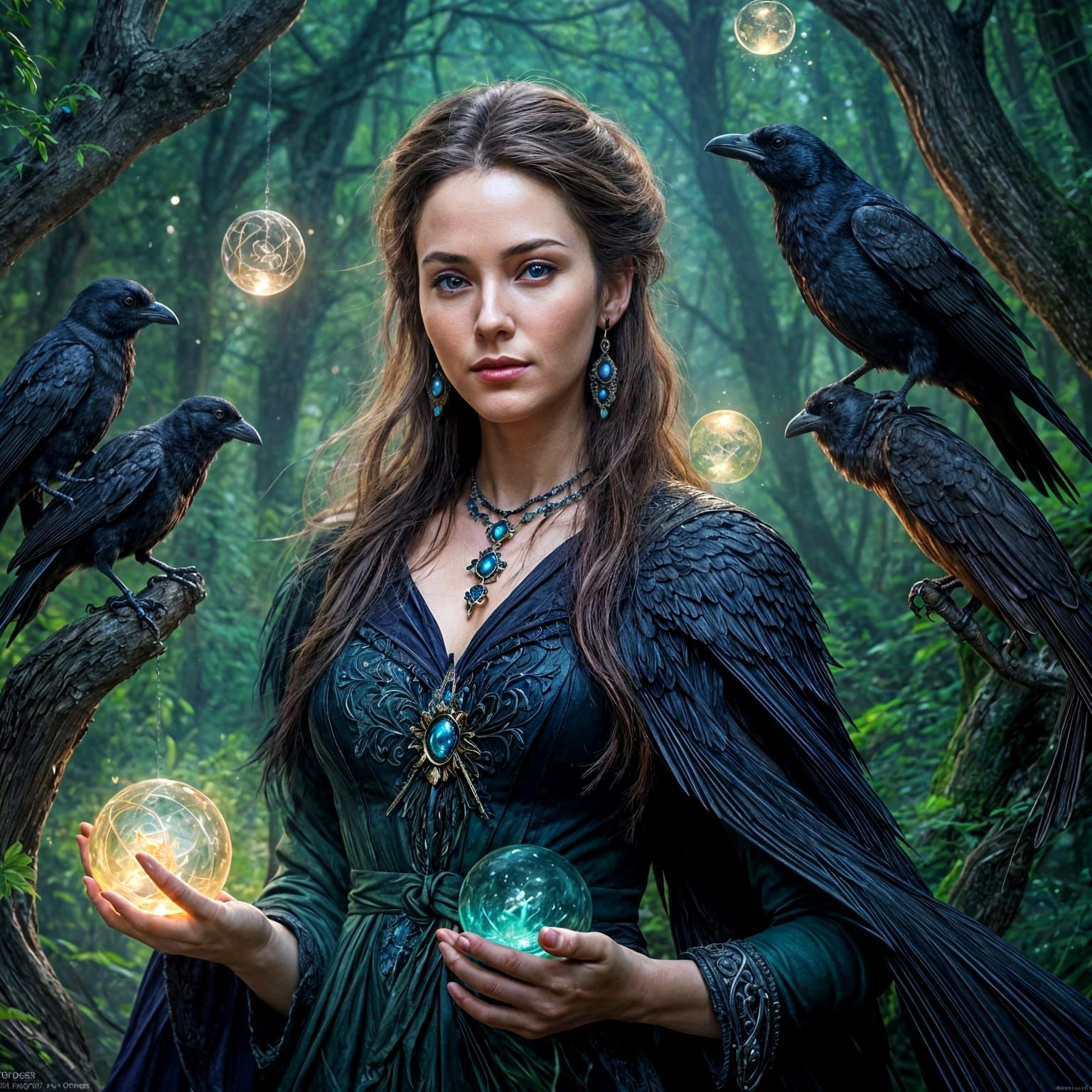 Raven Sorceress in Magical Forest, Detailed Matte Painting