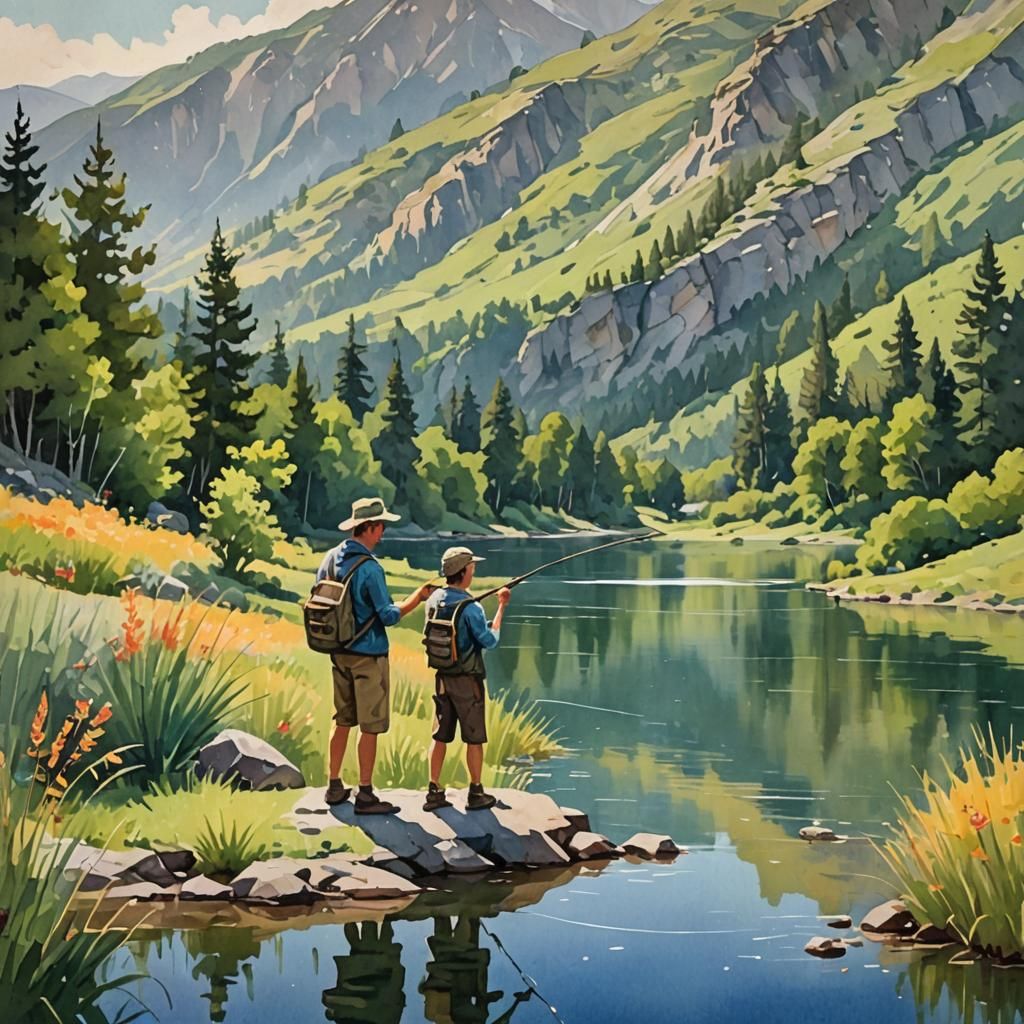 Idyllic Lakeside Fishing Scene in Gouache Style