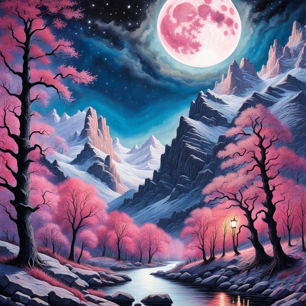 Watercolor Elm Trees, Moon, Stars, and Mountains