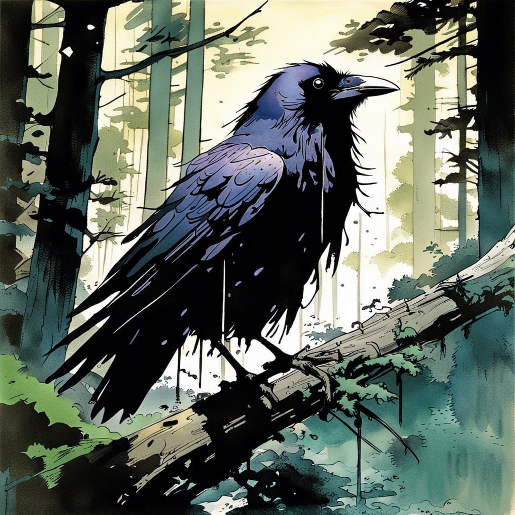 Raven in Forest, Comic Book Art Style