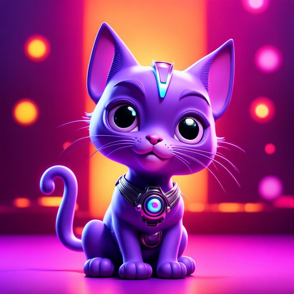 Cute Purple Cyber Cat in 3D Digital Art