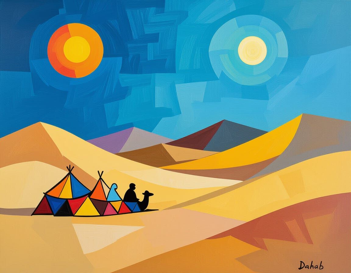 Abstract Bedouin Caravan Rests in Desert