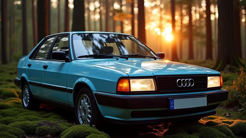 Classic Light Blue Audi 80 in Forest at Sunset