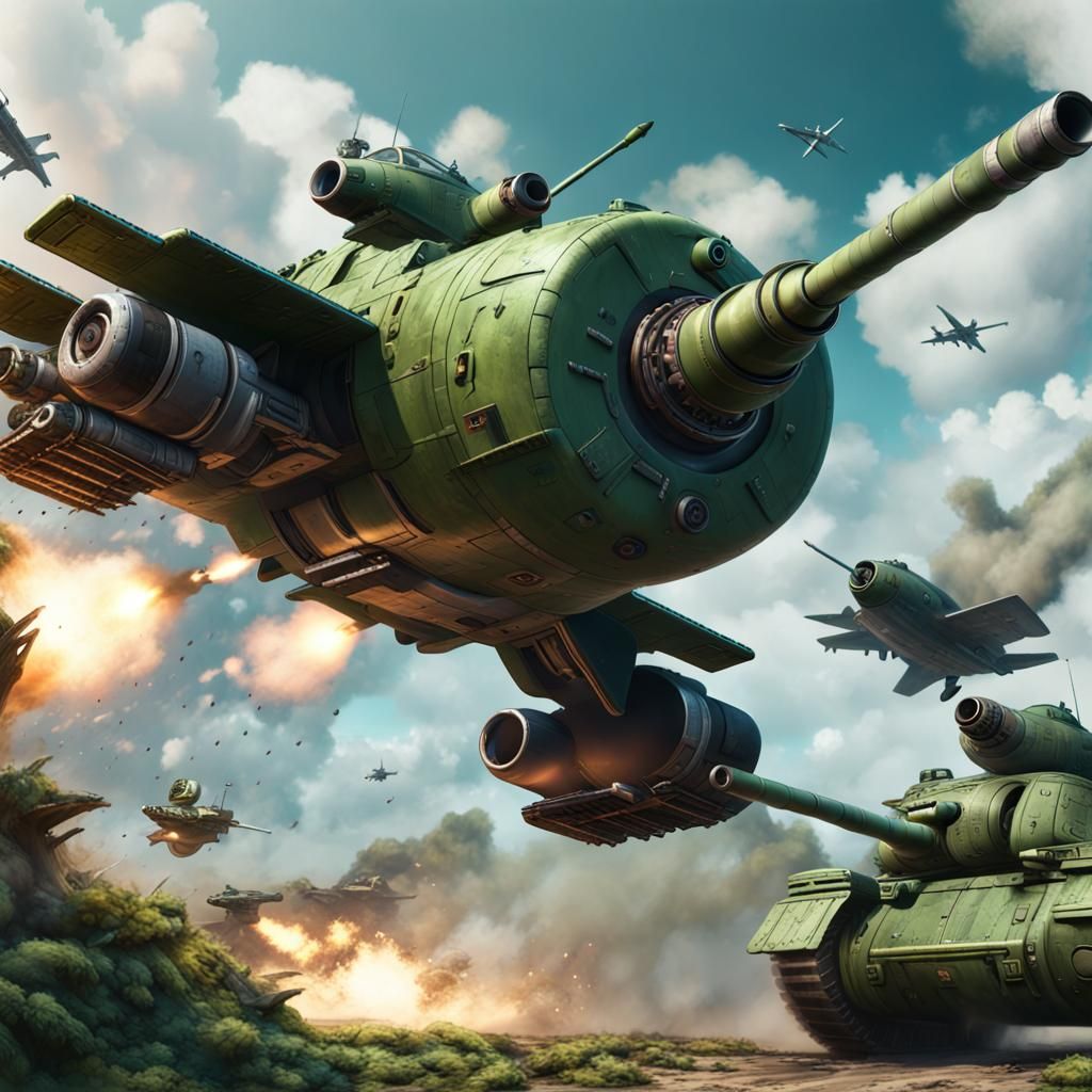 Camo Tank Fires at Plane: Detailed Matte Painting