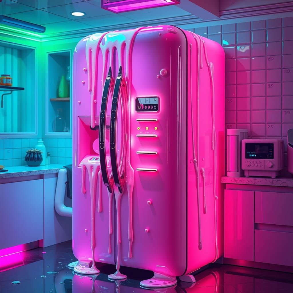 Melting Fridge in Surrealist Style with Neon Colors