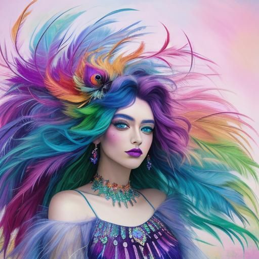 Rainbow Woman with Peacock Feathers: Surreal Portrait
