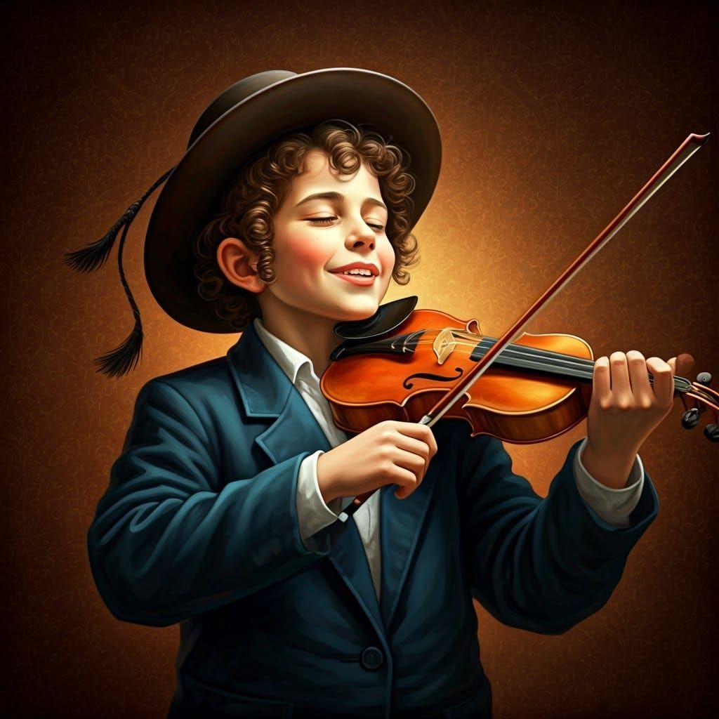 Joyful Jewish Boy Dancing with Violin, Hyperrealistic Style