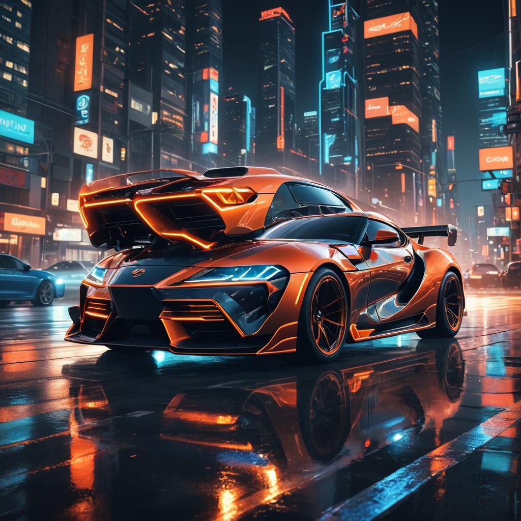 Futuristic Supra Speeds Through Neon Cityscape
