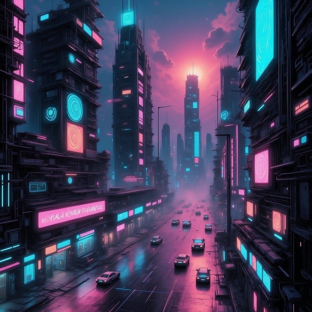 Cyberpunk Cityscape in Vibrant Neon at Dusk
