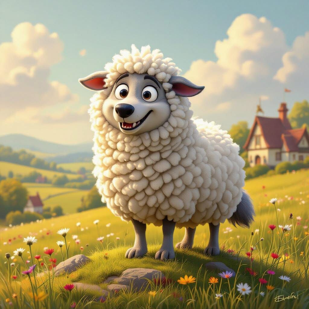 Wolf Disguised as Sheep in Whimsical Storybook Village