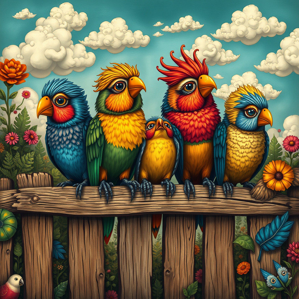 Pop Surreal Birds on Fence in Esao Andrews Style