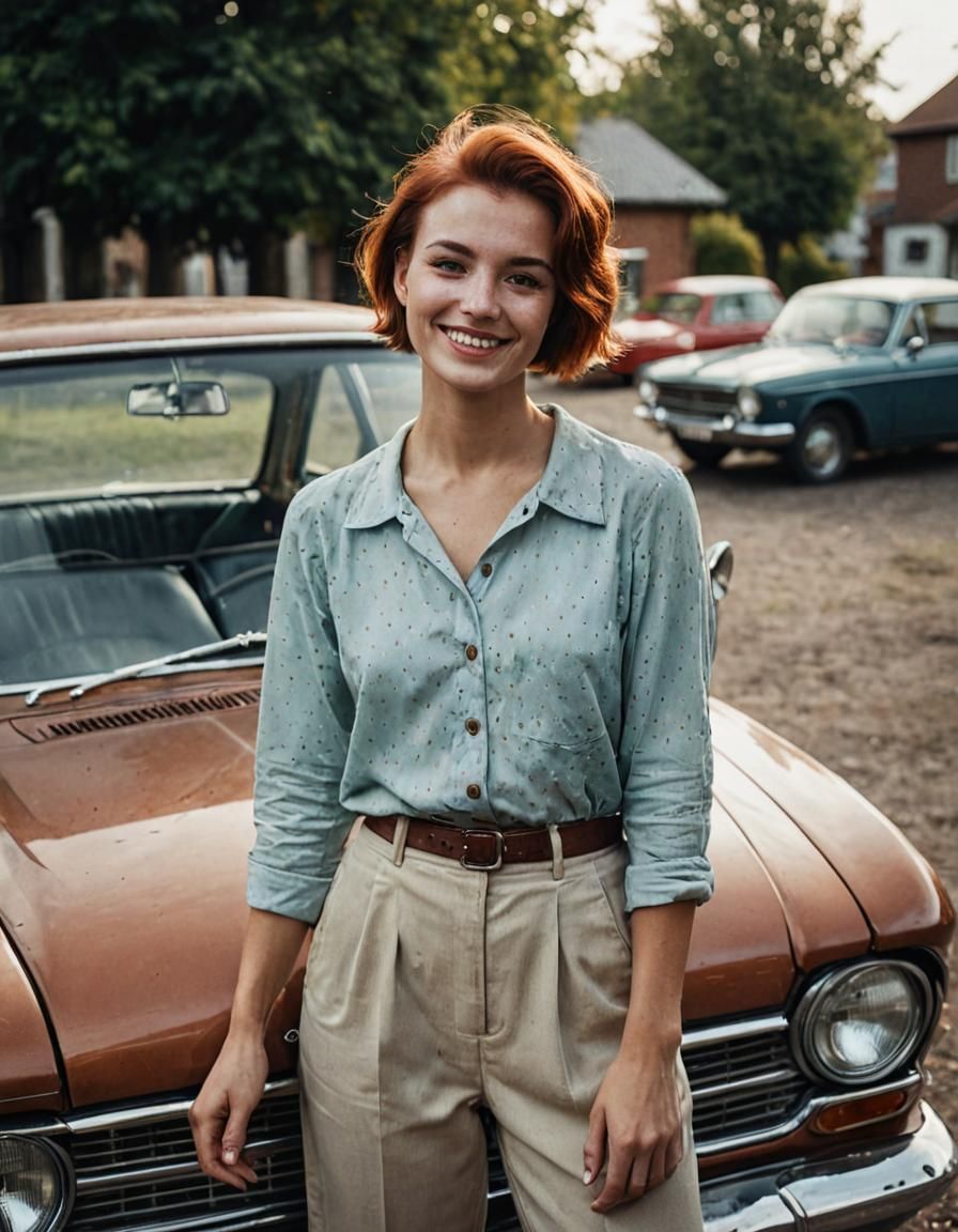 Vintage Photo of Woman with 1960s Car