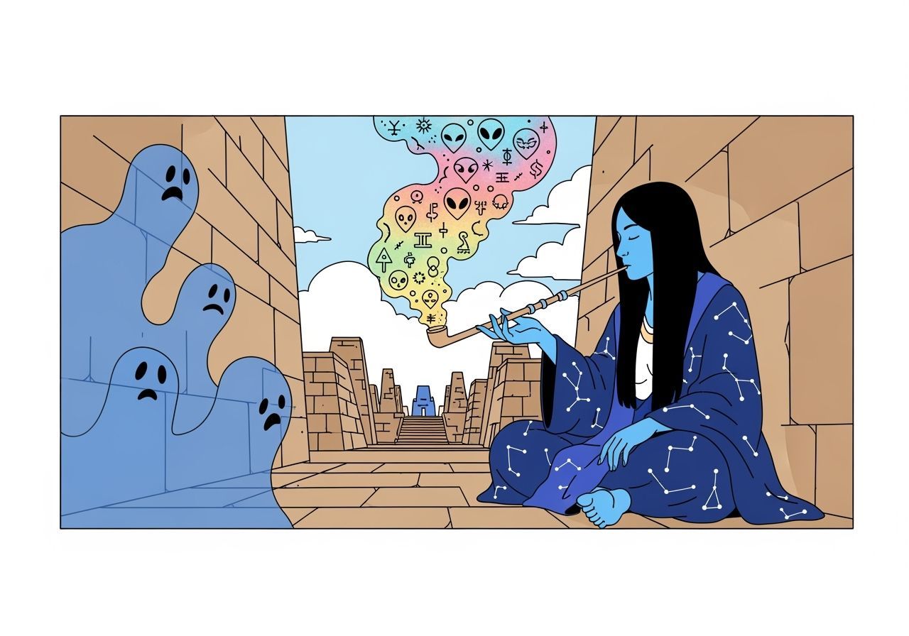 Blue-Skinned Lady and Ghosts in Minimalist Style