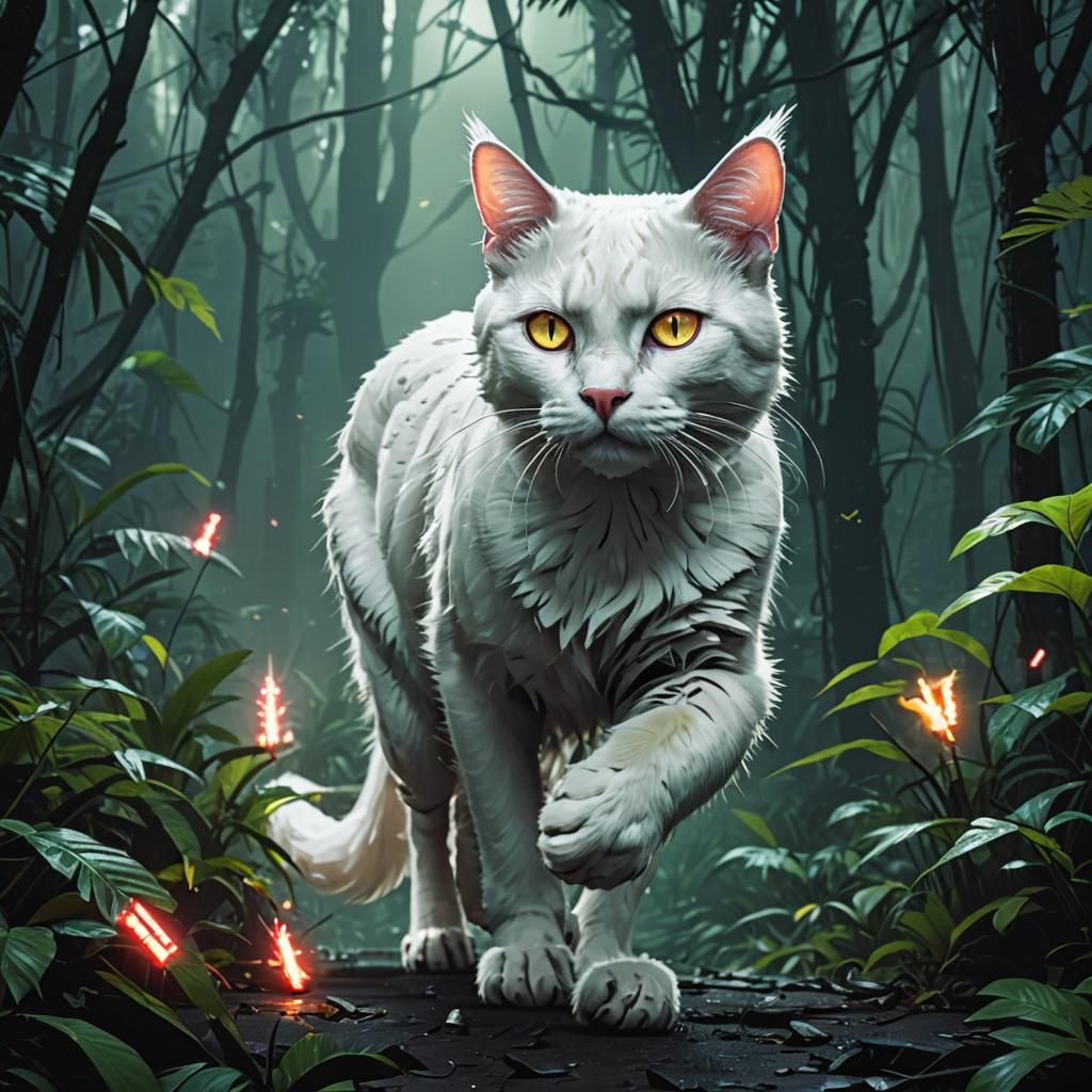 White Cat in Neon Cyberpunk Jungle