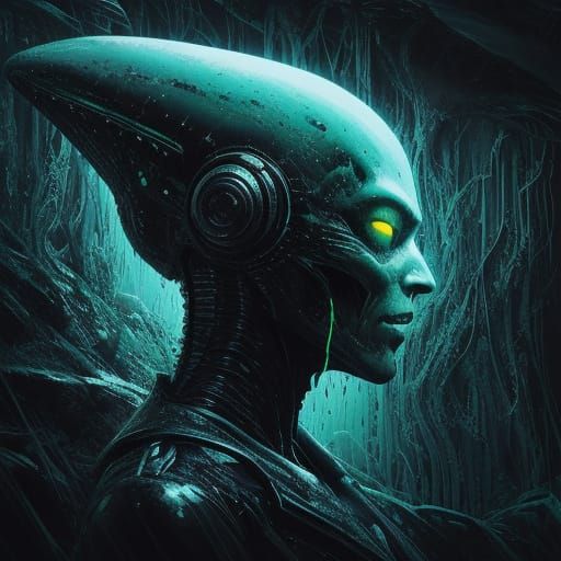 Creepy Alien in Neon-Lit Surreal Landscape