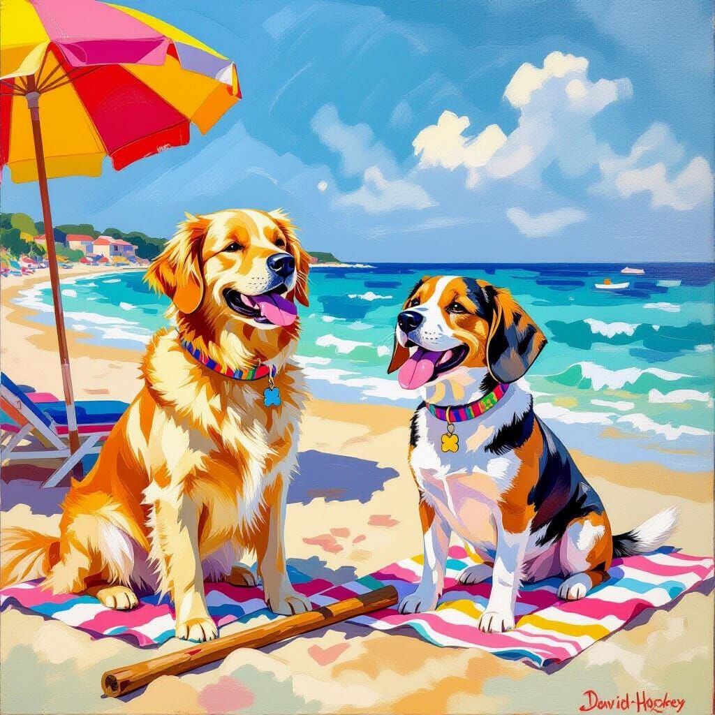 Dogs Playing on Beach in Impressionistic Style