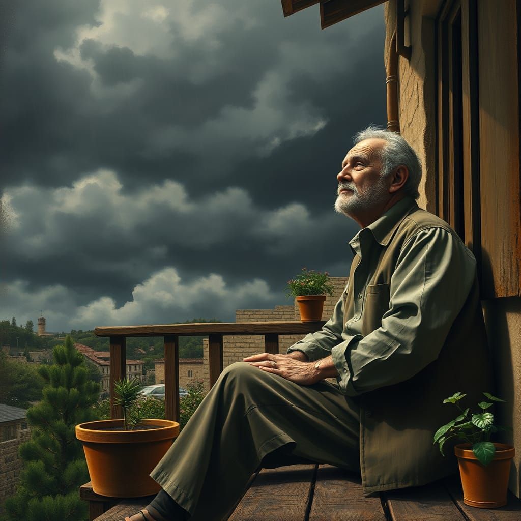 Contemplative Man Awaits Rain on Rustic Balcony