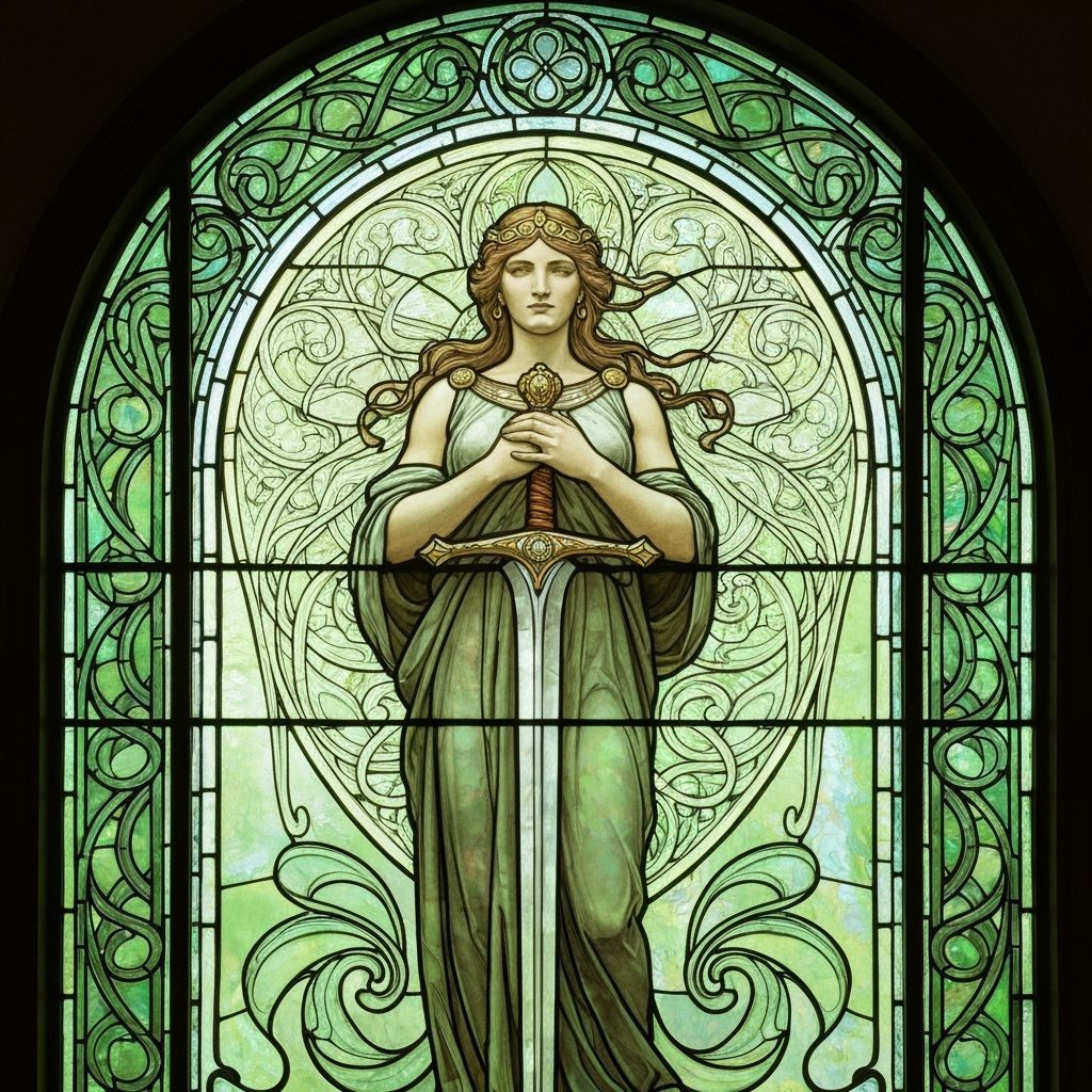 Lady of the Lake Wields Excalibur in Art Nouveau Stained Gla...
