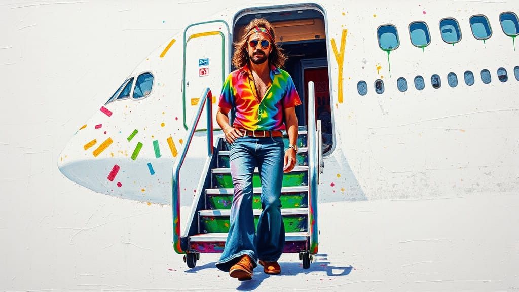 Impasto Oil Painting of Free-Spirited Hippie in Boarding Air...