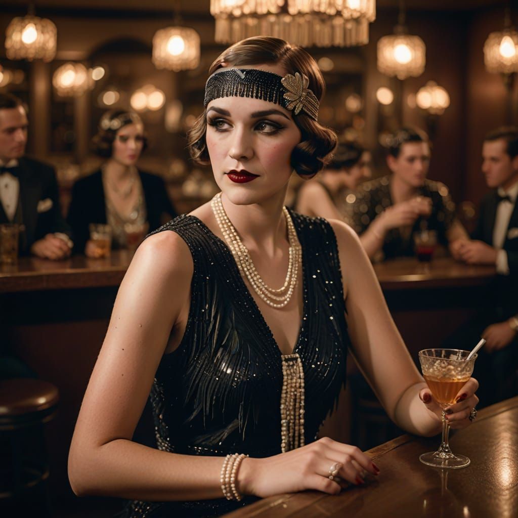 Glamorous Flapper in 1920s Speakeasy, Soft Focus