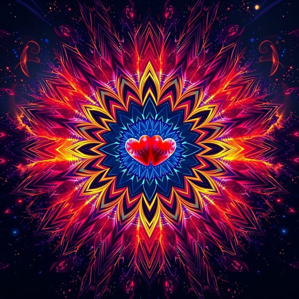 A mesmerizing and enchanting digital artwork featuring a vibrant, intricate geometric design. At its center, a symmetric...