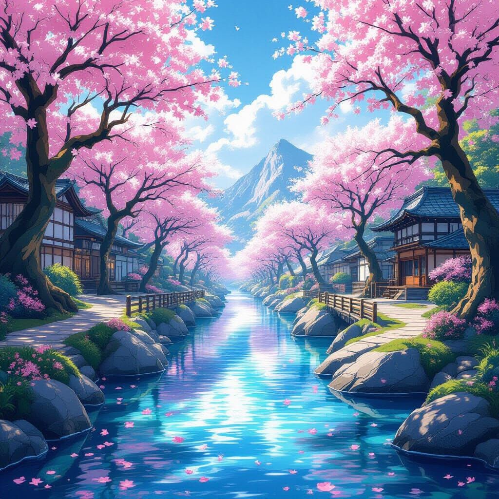 Magical Fantasy World with Shimmering River in Manga Style