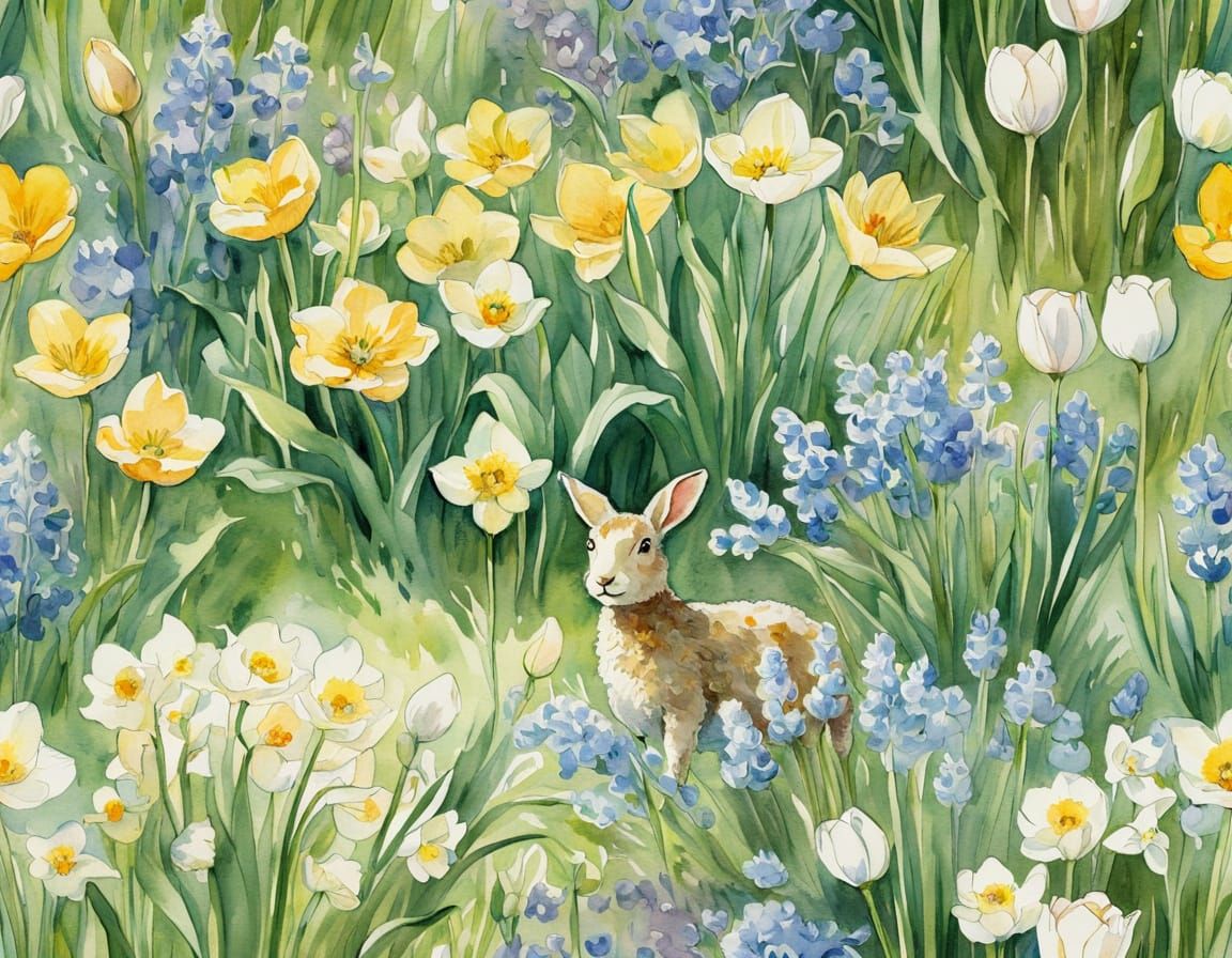 Tiny Lamb in Vibrant Meadow with Dreamy Watercolour Flowers