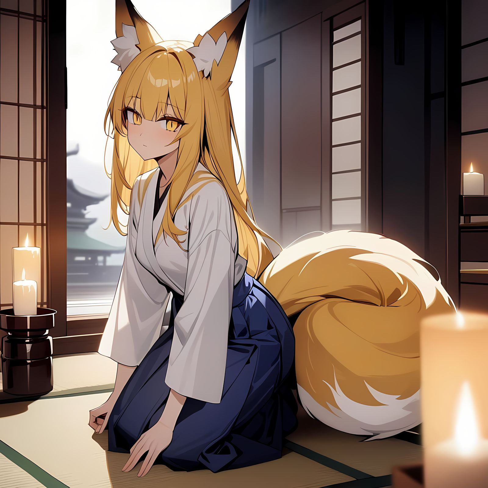 Fox-Girl in Miko Outfit Under Candlelight