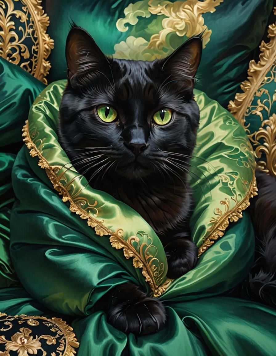 Chibi Black Cat Portrait in Baroque Style