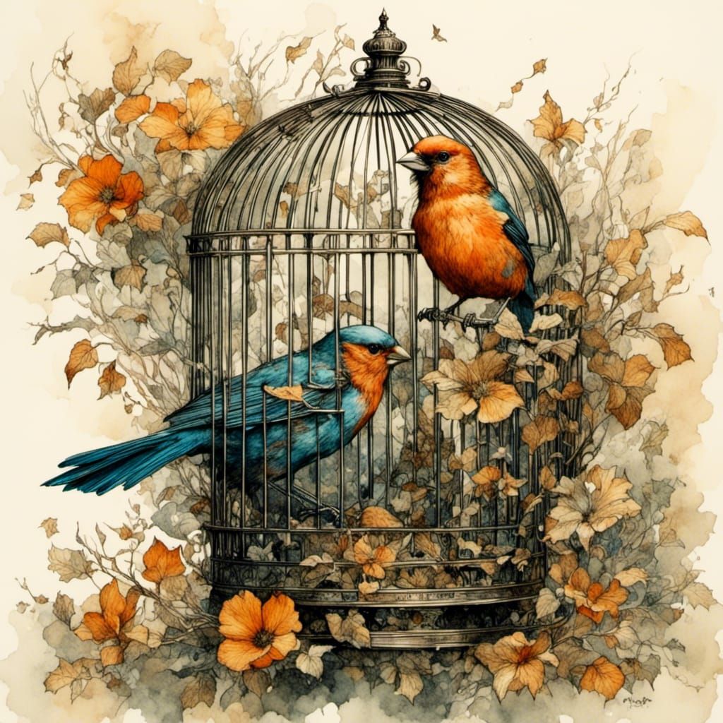 Birds Conjure Wildfire: Romantic Watercolor Art