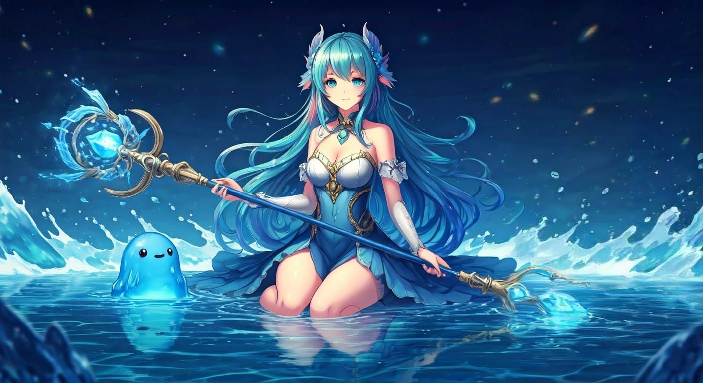 Majestic Water Spirit Goddess with Chibi Slime Companion