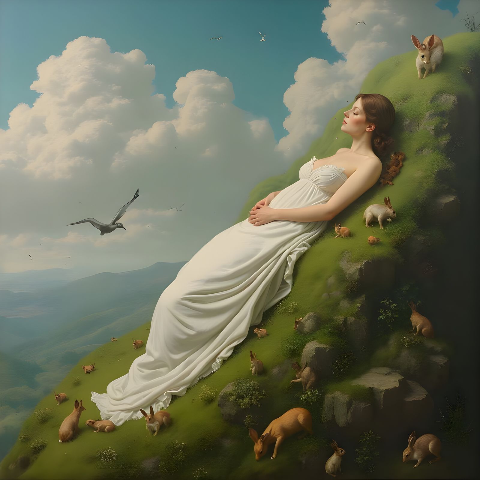 Giantess Venus in Surreal Landscape with Tiny Creatures