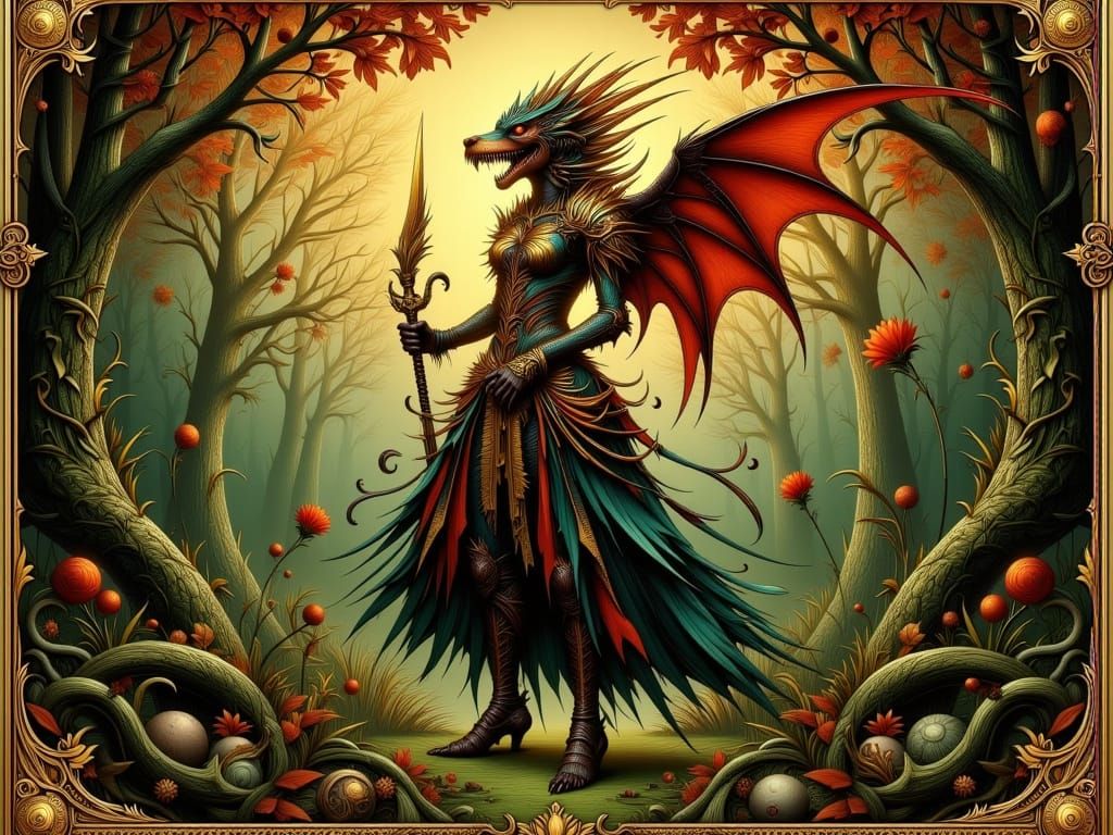 Art Nouveau Jabberwock in Golden Splendor