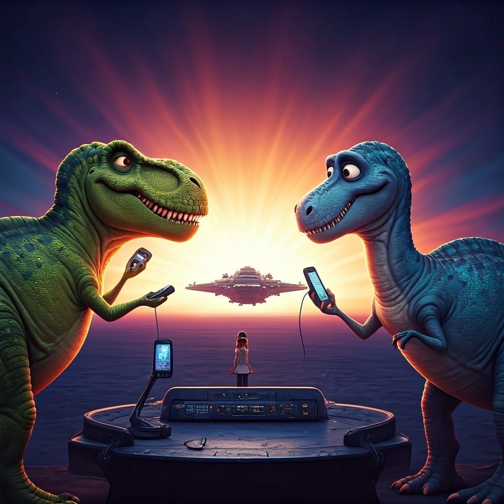 Dinosaurs Chatting on Phones with Spaceship Backdrop