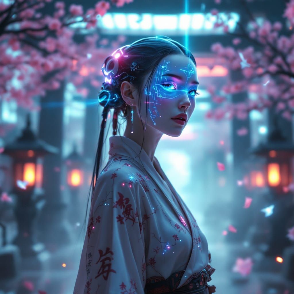 Cyborg Priestess in Futuristic Neo-Japanese Shrine