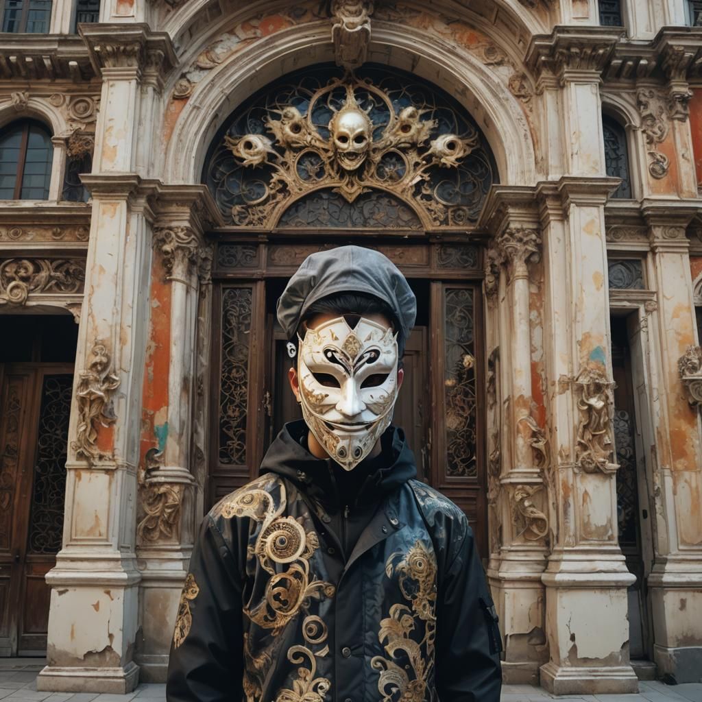 Masked Figure in Venice, Dark Fantasy Digital Art