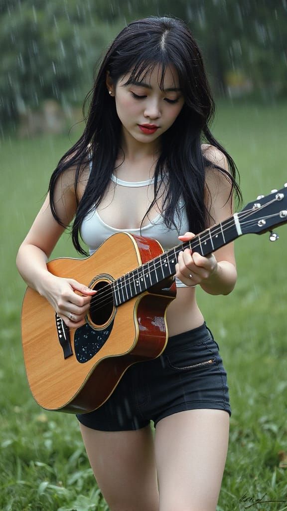 Watercolor Painting: Woman Playing Guitar in Rain