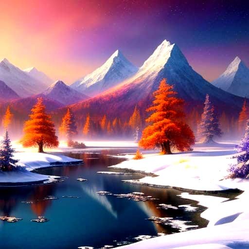 Winter Wonderland Landscape in Vibrant Watercolors