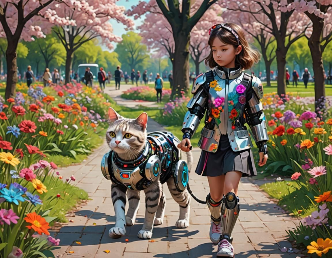 Cyborg Cat and Girl in Flower Park