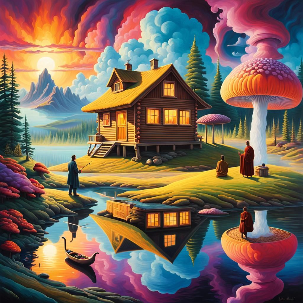 Alan Watts on Mushroom Planet: Surreal Oil Painting