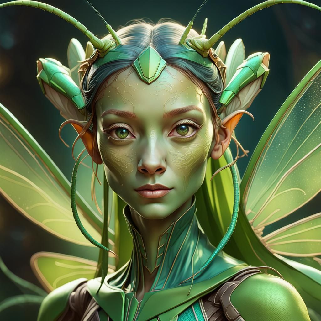 Praying Mantis Fairy Portrait in Hyperdetailed Digital Art