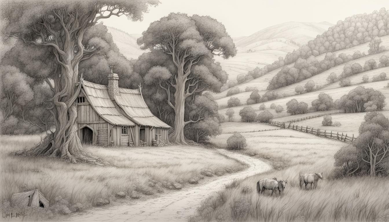 Fantasy Farmstead: Intricate Line Drawing in Woodland