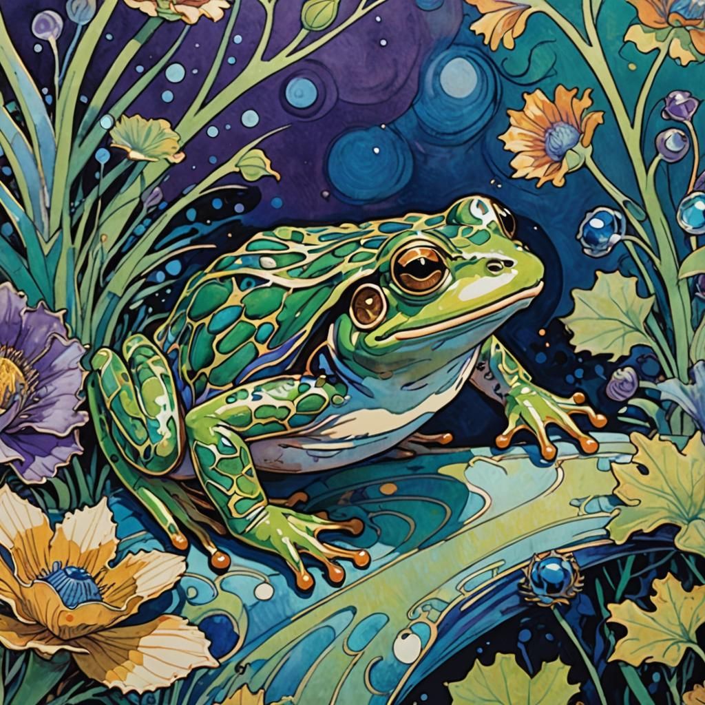 Frog Leaps Over Hedgehog in Art Nouveau Style