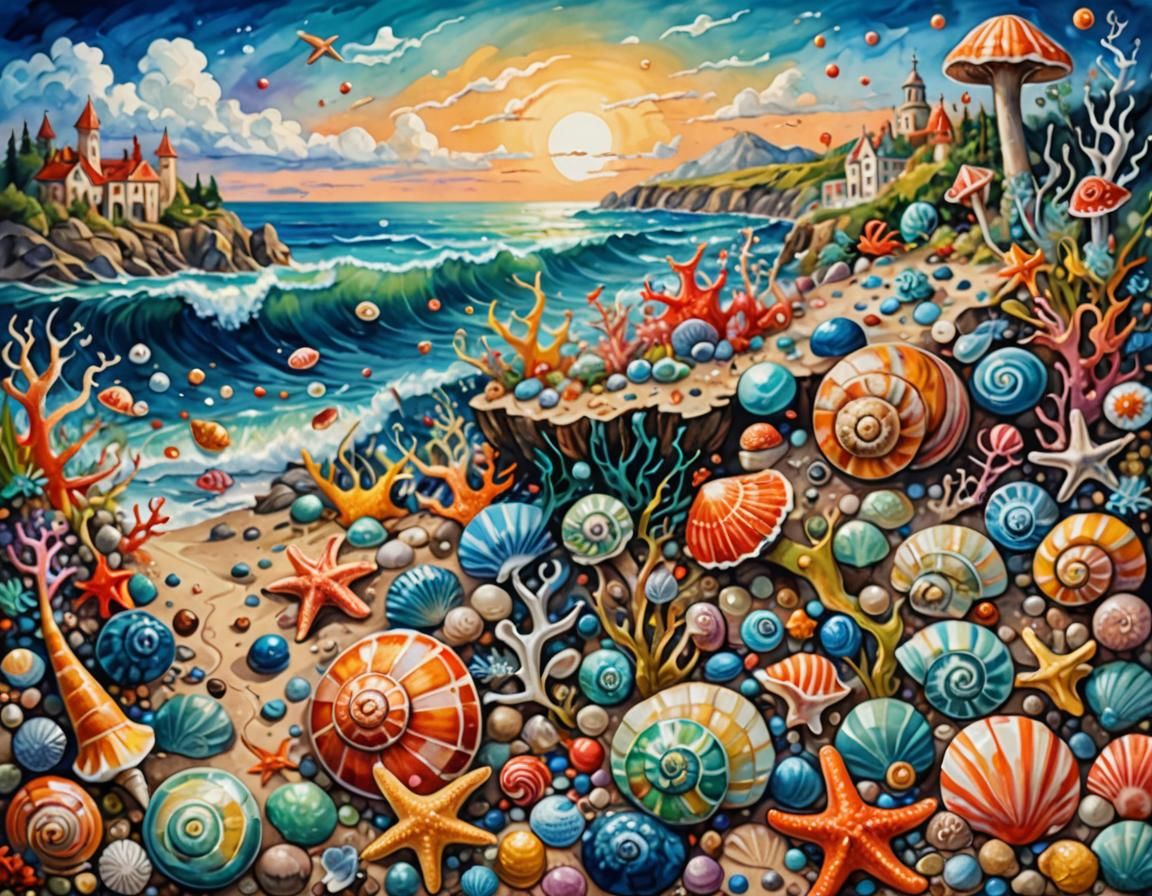 Surreal Shore Landscape with Exotic Sea Creatures