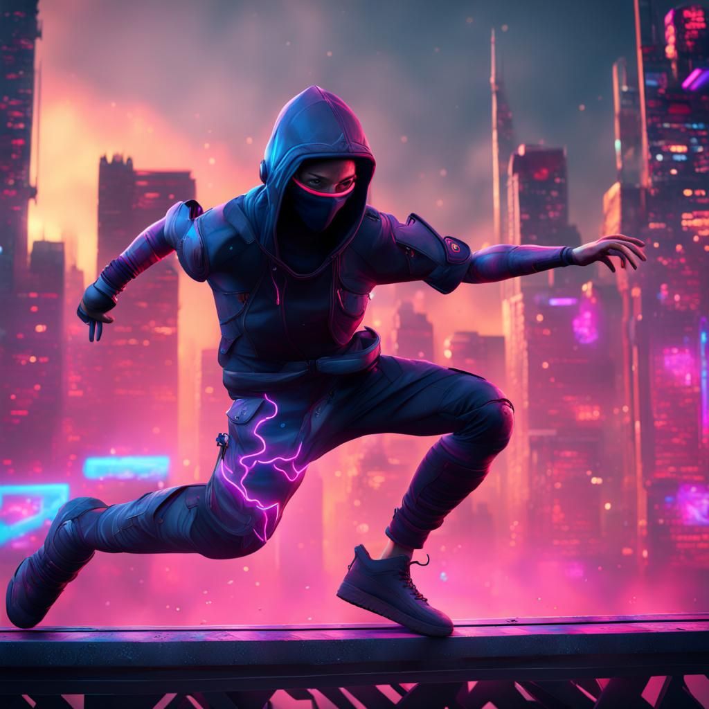 Neon Ninja Parkour in Cyberpunk Cityscape