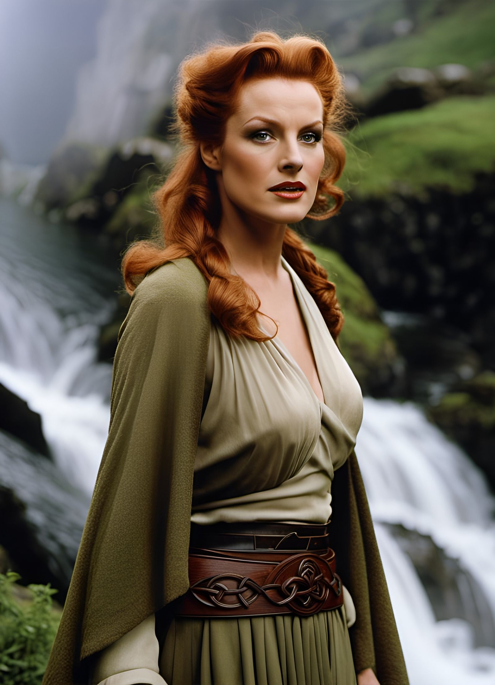 Celtic Warrior Woman by Mountain Waterfall